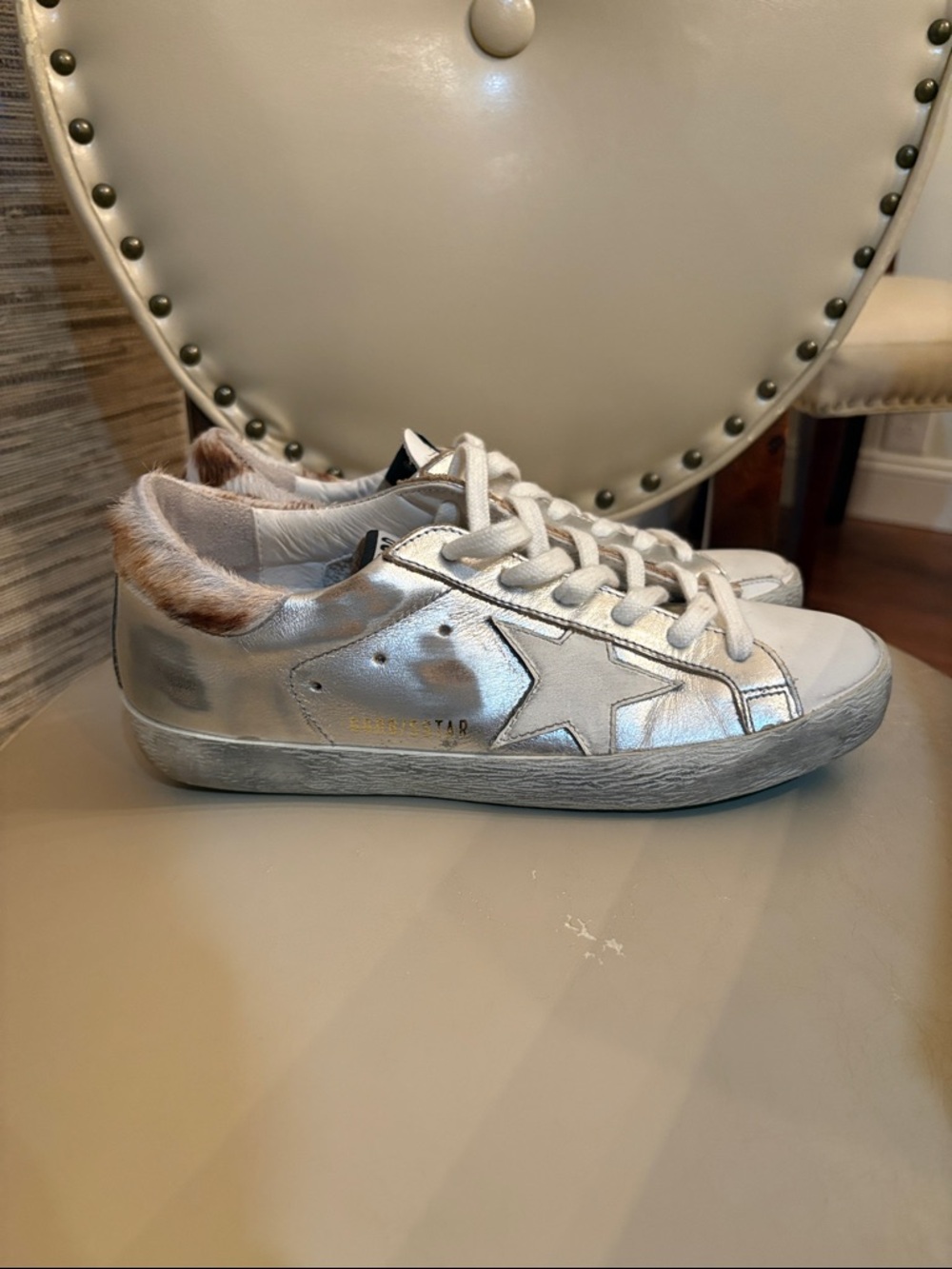 Golden Goose Silver Star Accent Sneakers with Fur Trim